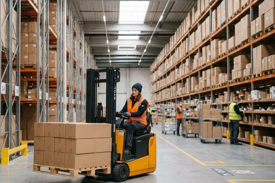 Mitarbeiterin im NovaPuls-Einsatz bedient einen Gabelstapler im Logistiklager