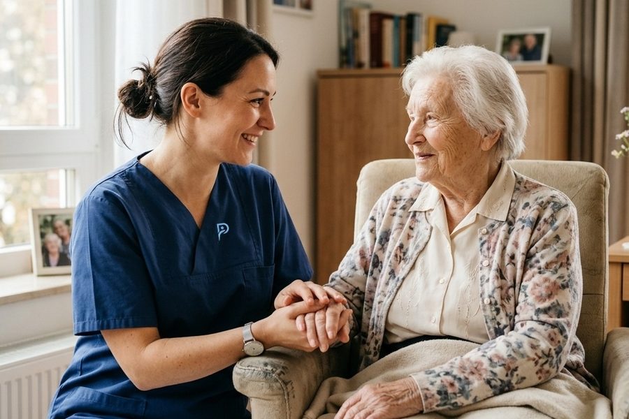 Pflegekraft im NovaPuls-Einsatz im Gespräch mit einer Patientin